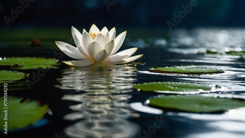 A Fresh and white Beautiful Lotus Flower is Blooming and glowing in the morning in a pond.