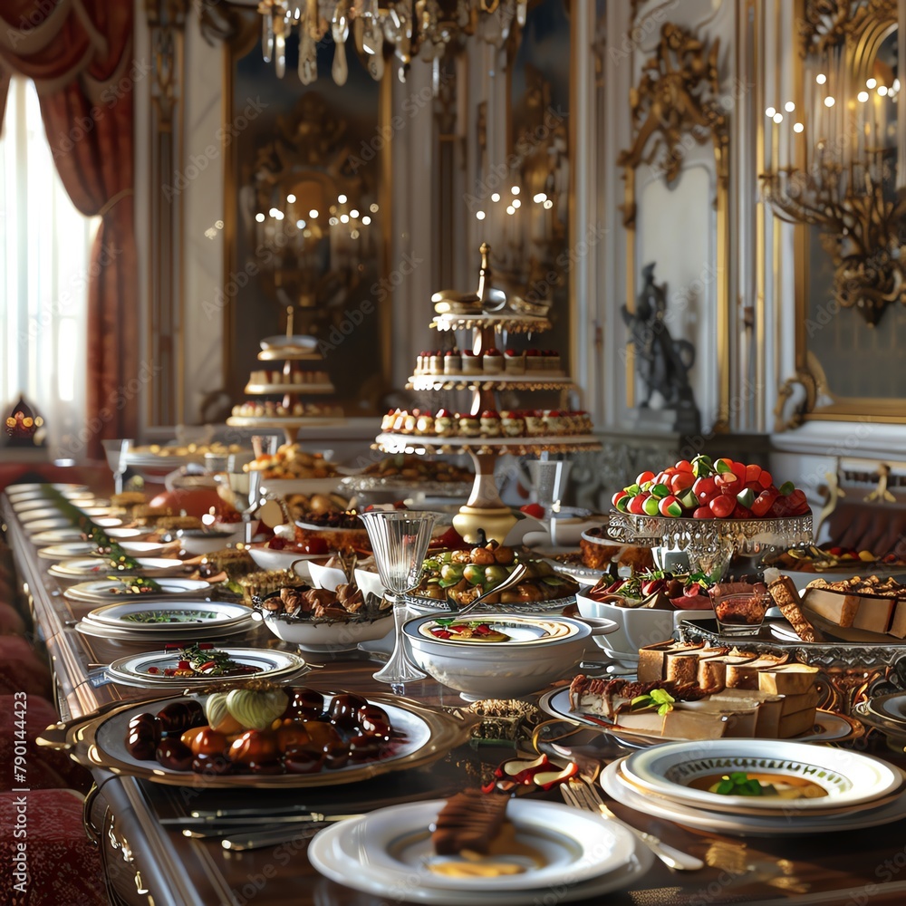 Capture the grandeur of a historical banquet scene from the Victorian era in a detailed, photorealistic oil painting, showcasing elaborate dishes and opulent table settings