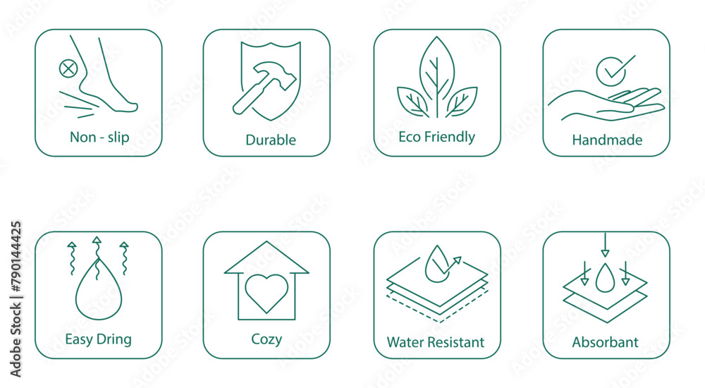Multi-Feature Vector Icon: Handmade, Eco-Friendly, and Durable with Non-Slip, Quick-Dry, Water-Resistant, Absorbent, and Cozy Qualities Multi-Feature Vector Icon: Handmade, Eco-Friendly, and Durable with Non-Slip, Quick-Dry, Water-Resistant, Absorbent, and Cozy Qualities
