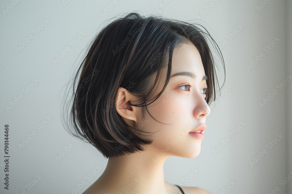 Side profile of a young Asian woman with short hair and natural light Side profile of a young Asian woman with short hair and natural light