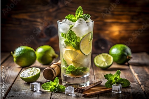 Mogito in a glass glass on a wooden background photo