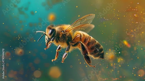 Close-up of a honeybee in flight against a vibrant backdrop photo