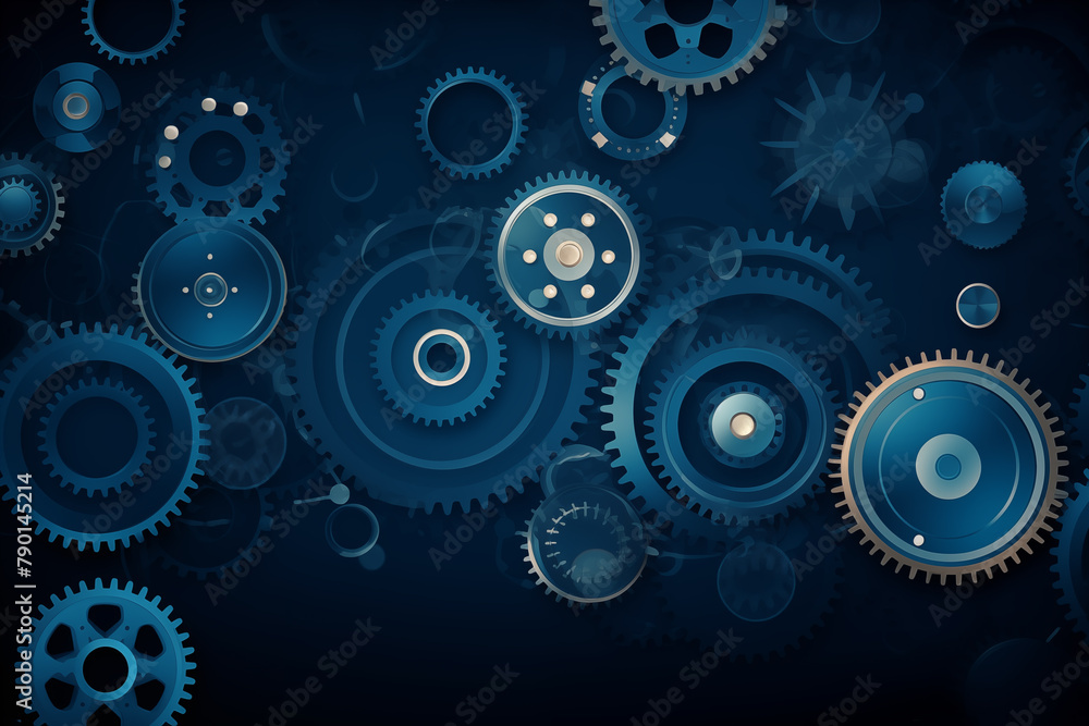 A blue background with many gears of different sizes. The gears are all different sizes and are scattered throughout the image
