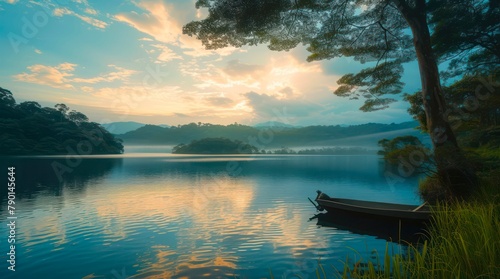 Lake in the forest and lonely boat on the water in calm morning. © Hanna