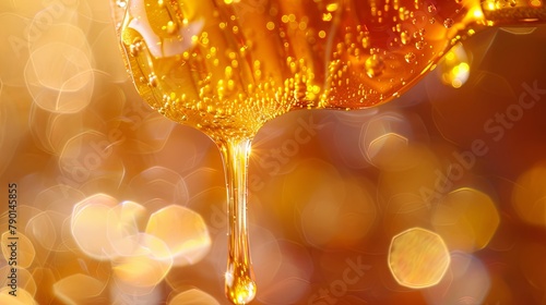 Golden honey drips against a warm bokeh background for gourmet cuisine