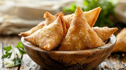 Golden crispy samosas in a wooden bowl on rustic table