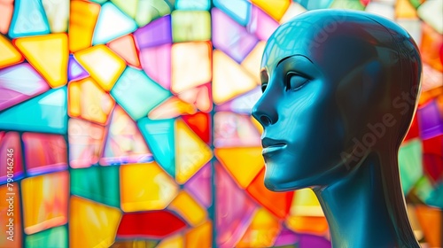 Colorful abstract mannequin head with stained glass background