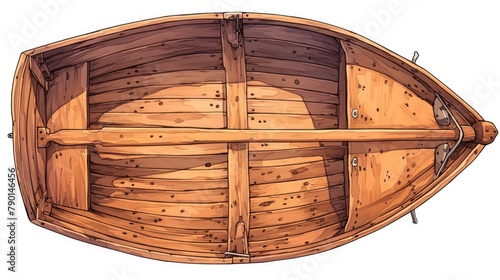 Illustration of a wooden boat seen from above set against a white background © AkuAku