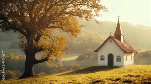 Tranquil church by tree in sunny countryside, ideal for text and scenic designs in serene setting