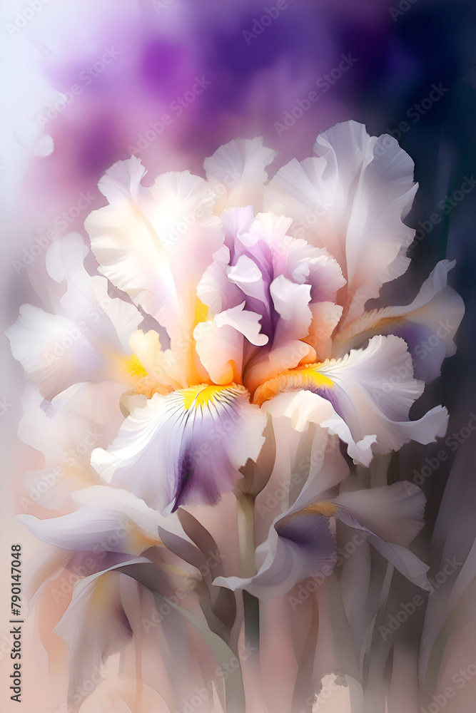 Fototapeta premium beautiful vibrant white-purple iris flowers against colorful abstract background. Digital art in paint watercolor style. Ai generated