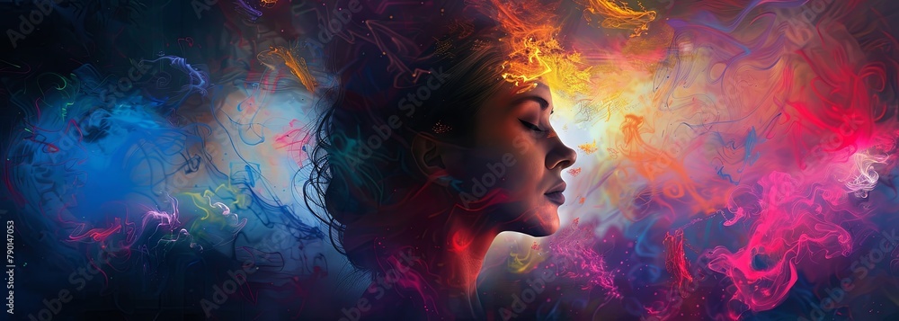 Surreal portrait of a woman amidst vibrant abstract colors