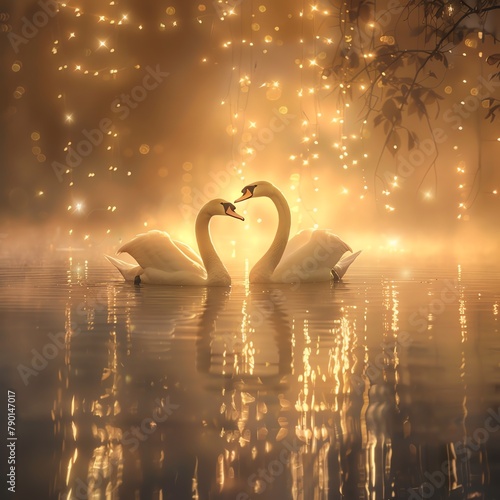 Tranquil image of golden swans gliding on a luminous lake, enveloped in twilight mist, creating a serene mystical setting for peaceful nature scene