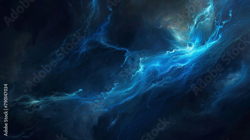 A swirling azure mist dances in solitary splendor against an inky void  its form echoing the fierce crackle of a lightning bolt charged with raw power.