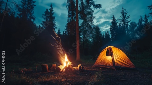 Immersive nighttime forest camping adventure with tent and bonfire beneath the starlit sky