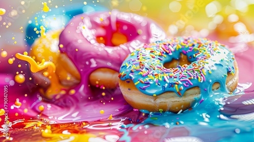 Vibrant donuts with colorful sprinkles and splash