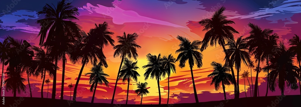 Vibrant tropical sunset with silhouetted palm trees