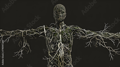 An elaborate illustration of the lymphatic system. emphasizing the complex lymph vessels and fluid circulation paths. The setting is black to accentuate these detailed designs.  photo