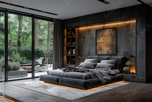 A modern bedroom with large windows and sliding doors leading to an outdoor pool area, featuring a grey velvet headboard bed in the center of the room, a plush rug on the wooden floor. Created with Ai