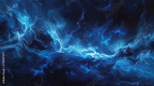 A swirling azure mist dances in solitary splendor against an inky void, its form echoing the fierce crackle of a lightning bolt charged with raw power. photo