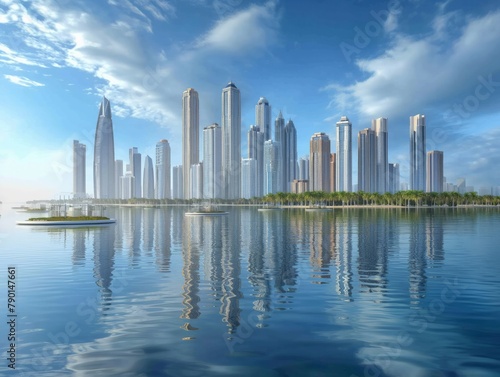 A city skyline is reflected in the water. The water is calm and the sky is blue
