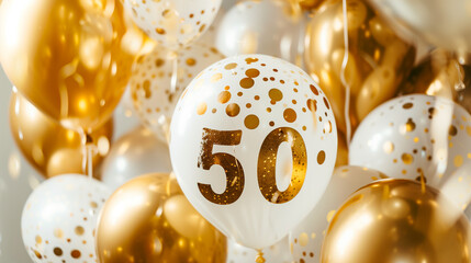 Stockphoto, Background for a 50 years birthday, golden wedding anniversary, golden numbers on a white background. Golden and white balloons. Golden numbers, text "50". Party invitation, menu.