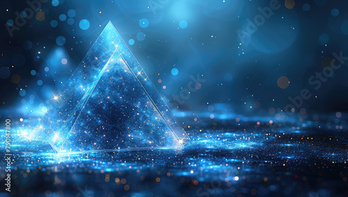 Blue background with a pyramid shape, glowing light particles and blue lights in the foreground. Created with Ai photo
