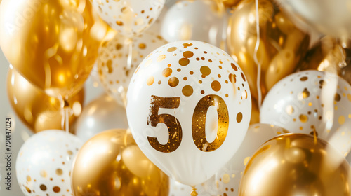 Stockphoto, Background for a 50 years birthday, golden wedding anniversary, golden numbers on a white background. Golden and white balloons. Golden numbers, text "50". Party invitation, menu. © Dirk