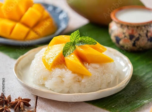 Mango sticky rice- Sweet sticky rice served with fresh mango and coconut milk.Southeast Asia © D'Arcangelo Stock