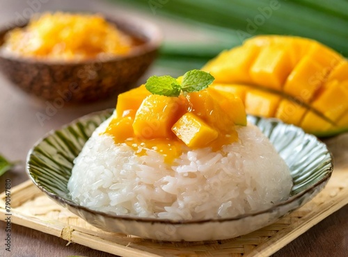 Mango sticky rice- Sweet sticky rice served with fresh mango and coconut milk.Southeast Asia