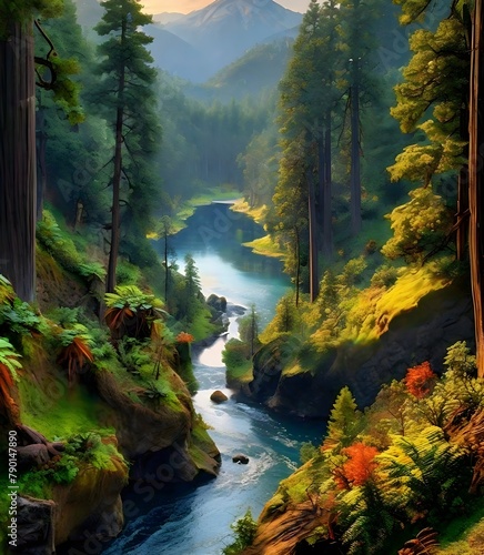 autumn in the mountains tall trees forest with central stream  photo