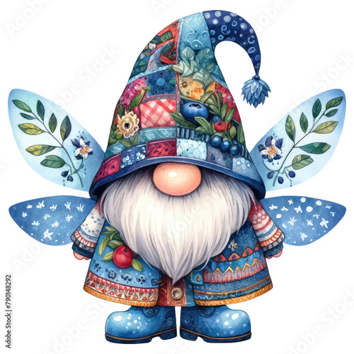 Patchwork Hat Gnome with Blueberries Illustration