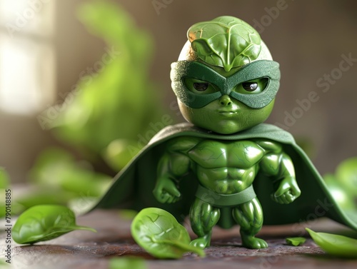 A green superhero made of spinach with a lettuce cape stands in front of a blurred background of green leaves