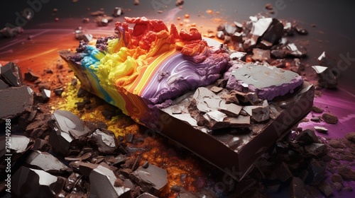 A Stone Age chef inventing luxury chocolate, inspired by a rainbow appearing after a gamma-ray burst in a dendrology park,