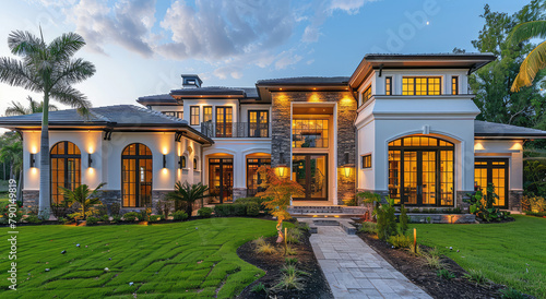 A wide angle shot of the front view of an elegant mansion in vietnam, large windows and arched doors, large lawn with beautiful landscaping. Created with Ai