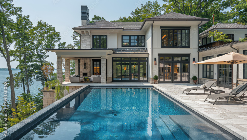A stunning two-story lake house with an elegant pool, nestled on the shore of Lake Norman in North Carolina. Created with Ai