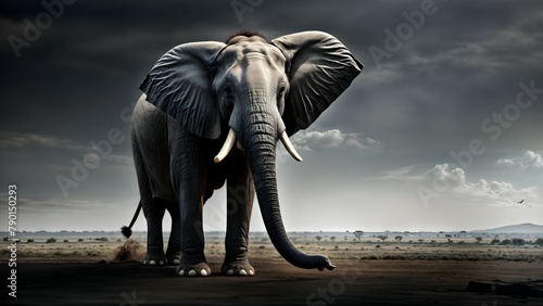 elephant stands in a dirt field with a stormy sky above.