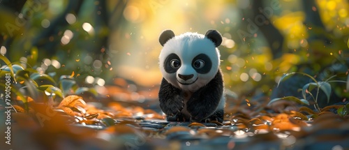 A cute baby panda is walking through a fall forest. The panda is smiling and looks happy. The forest is full of colorful leaves and trees.