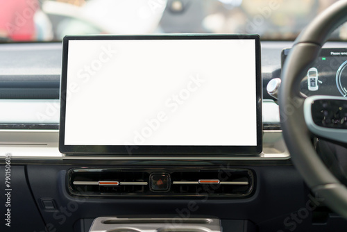 White mockup of digital display screen on the dashboard of a modern car..