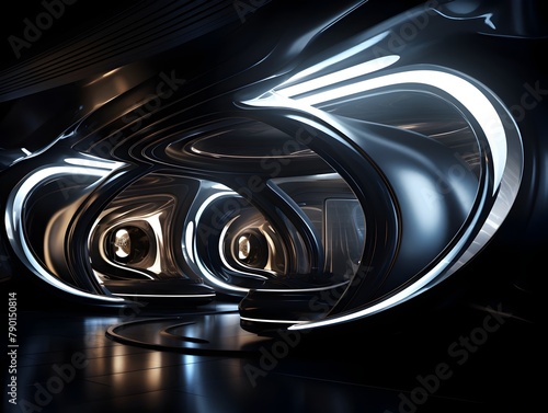 Curved Futuristic Sci-Fi Interior Design with Sleek Metallic Accents and Dynamic Lighting Effects © yelosole