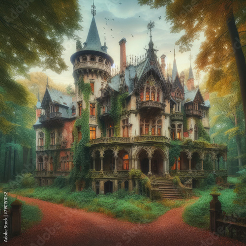 Enchanted Ruins: Majestic Mansion Sleeps in a Fairytale Forest. Lost Wonder. generative AI
