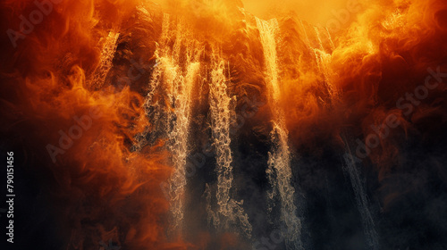 Against a backdrop of tangerine dreams, a luminous cascade of obsidian mist cascades, its inky tendrils weaving tales of ancient mysteries and forgotten realms. photo