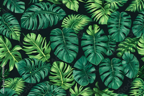 Lush Paradise  Dark Green Tropical Leaves Create Lush Background. generative AI