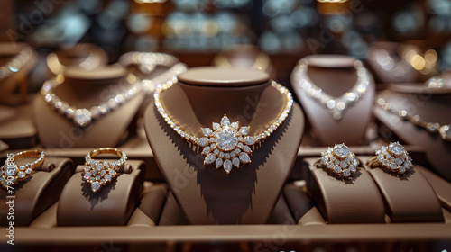 close up of expensive jewelry, diamond rings and necklaces, gold buyers, luxury