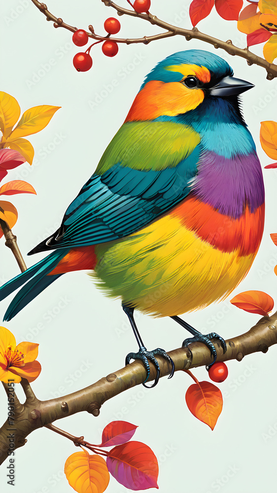 Naklejka premium Imagine a vibrant tropical scene featuring a colorful bird of paradise perched on a lush green branch, surrounded by a variety of other birds in a natural setting