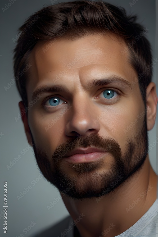 Hyper realistic portrait of 32 years old, handsome athletic man, short hair, natural skin, handsome face with beard, playful body, serious expression, blue eyes, moody background, natural skin. Hyper realistic portrait of 32 years old, handsome athletic man, short hair, natural skin, handsome face with beard, playful body, serious expression, blue eyes, moody background, natural skin.