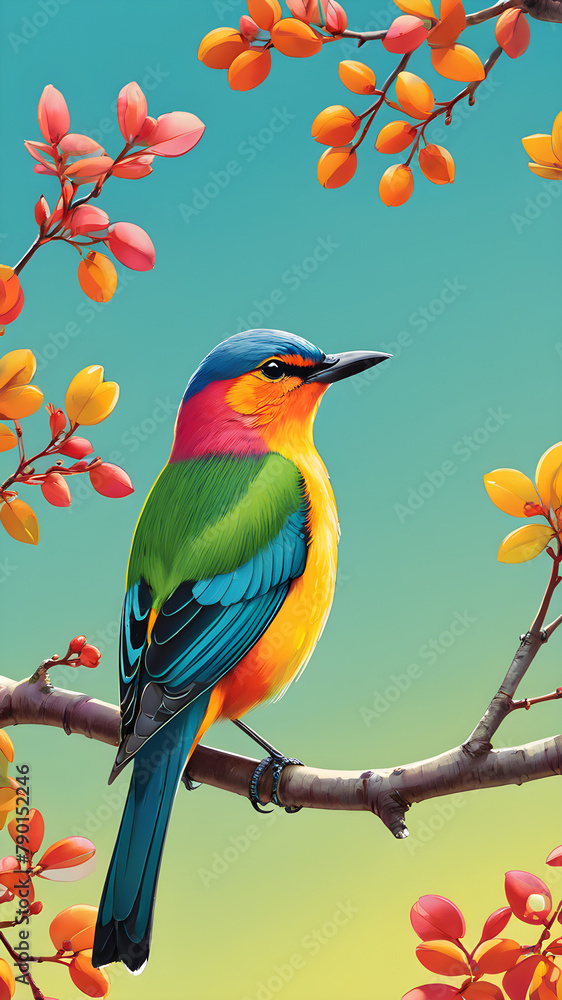 Fototapeta premium Imagine a vibrant tropical scene featuring a colorful bird of paradise perched on a lush green branch, surrounded by a variety of other birds in a natural setting
