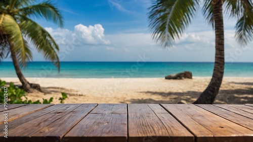 Old wooden table top on blurred beach background with coconut palm leaf. Concept Vacation, Summer, Beach, Sea