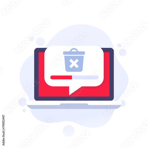 delete files icon with a laptop, progress bar and trash bin