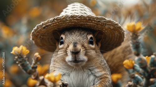 Curious squirrel peeking from behind a sombrero, nature joins the fiesta, illustration style, in straight front portrait minimal.