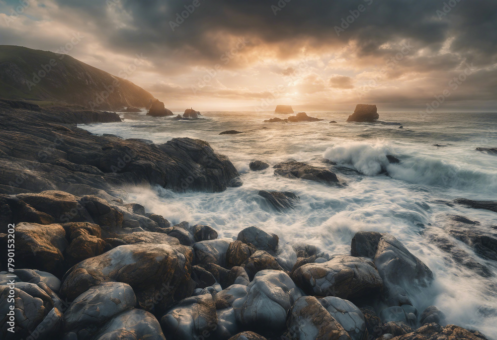 Fototapeta premium beautiful coastal landscape with rocky shores, the ocean, sunrise and a sky